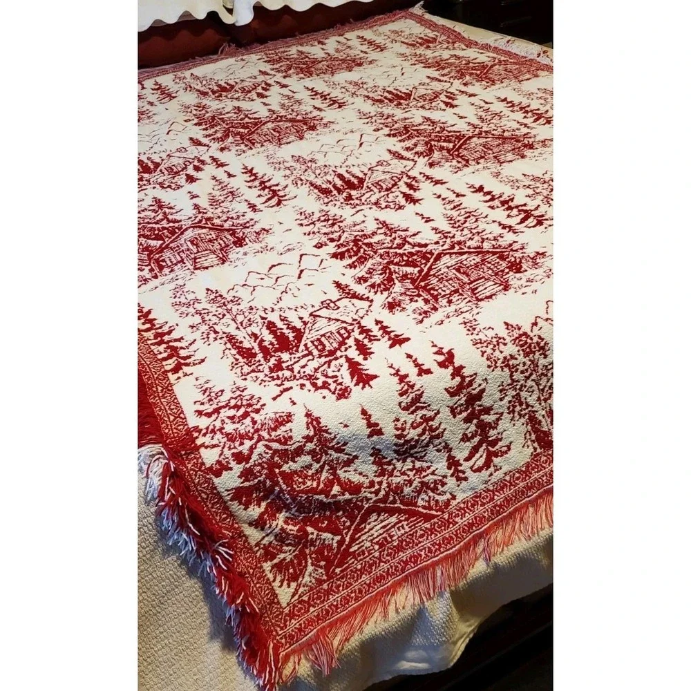 Brooks Brothers Red Chenille Christmas‎ Trees Houses Throw Blanket Fringe 50x70